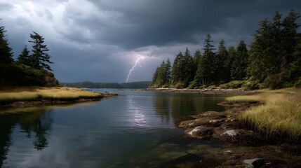 A dramatic lightning strike illuminates a stormy sky over a serene coastal forest and water