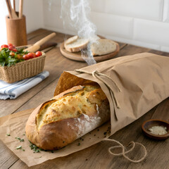 A freshly baked loaf of bread steaming in a brown paper bag on a wooden table with ingredients