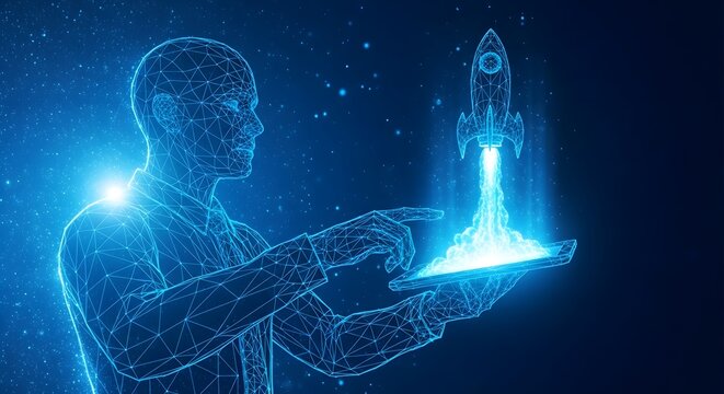 Illustration of futuristic digital man holding a tablet with a glowing rocket launching from it, representing startup and innovation