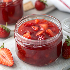 A close up of a jar of strawberry jam with fresh strawberries on a white marble surface nearby
