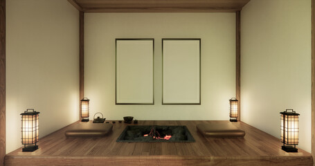 Window wall design on Japanese room with a fire pit in the middle of the room. 3D rendering