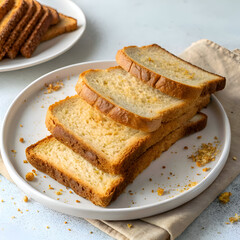 Close up of stacked slices of golden toasted bread on a white plate with crumbs and linen napkin