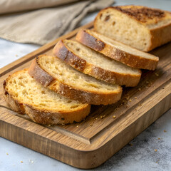 A close up of sliced bread on a wooden cutting board with a cloth in the background setting scene