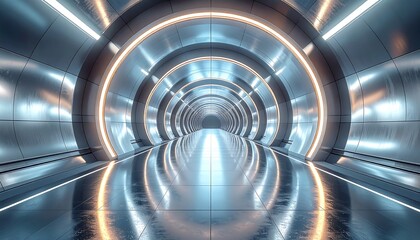 Futuristic, metallic tunnel with glowing rings and reflective floor leads into vanishing point depth of field