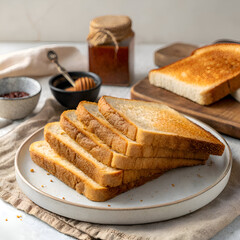 Close up of a plate with slices of toast, jam, and honey dipper on a table with a cloth napkin