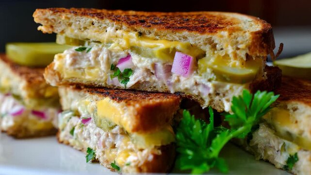 Delicious tuna melt sandwich with pickles and red onion, a classic comfort food