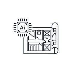Minimalist line icon of an AI microchip integrated with an architectural blueprint for smart building design.