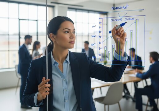 Businesswoman drawing graph on glass board in office meeting