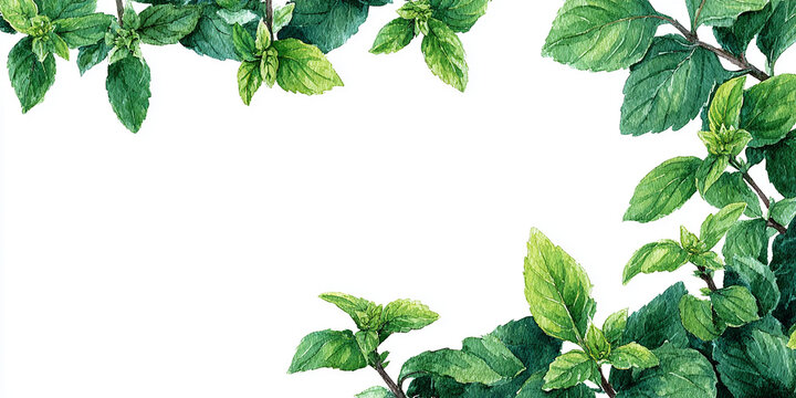 Watercolor botanical frame of basil leaves forming a natural top border, perfect for herbal banner or organic cooking design.