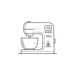 Modern kitchen stand mixer line art illustration with digital display and mixing bowl.