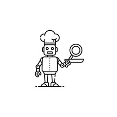 Modern Line Art Robot Chef Wearing Toque Holding Serving Tray and Pan.