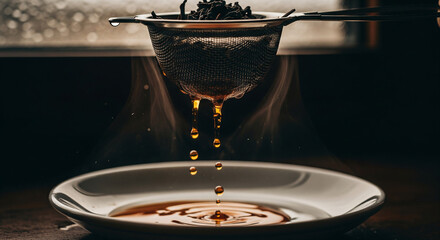 Hot tea dripping from strainer onto plate with steam rising.
A dramatic, close-up photograph capturing the moment of filtering freshly brewed tea. A metal mesh tea strainer, holding dark tea leaves