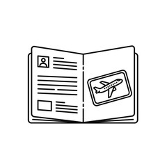 Open Passport Illustration with Airplane Stamp, Black and White Outline, Travel Document.