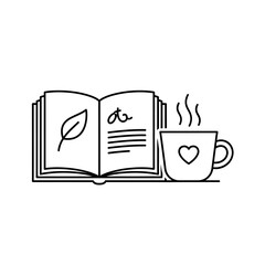 Open book with leaf illustration and steaming cup with heart icon, line art.