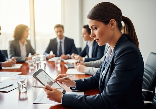Corporate executive analyzing financial data on a digital tablet in a boardroom