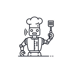 Outline Illustration of a Chef Robot Holding Spatula, Wearing Chef Hat.