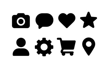 Minimalist icon set featuring camera, heart, star, cart, and more in flat design