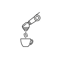 Robotic arm dispensing hot beverage into a steaming coffee cup.