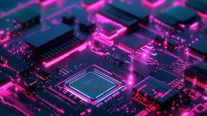 Electronic circuit board with glowing neon pink and blue lights - Powered by Adobe