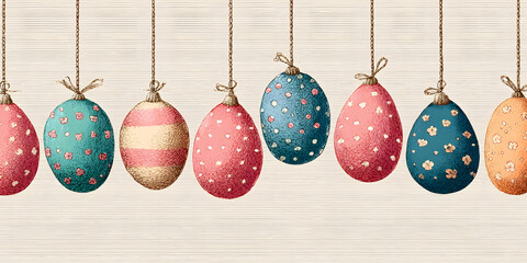 Cute hand drawn hanging easter eggs horizontal seamless pattern, fun garland, great for textiles, banners, wallpapers, easter cards and wrapping - vector design