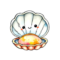 Adorable kawaii seashell character holding a glowing pearl, perfect for ocean-themed designs and children's stories, bringing a touch of whimsical charm and oceanic wonder to any project.