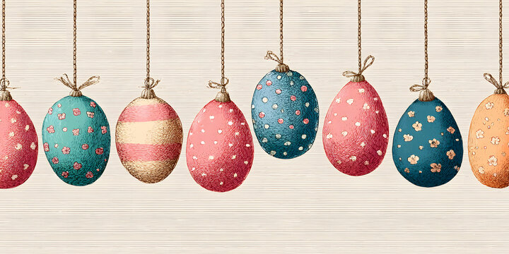 Cute hand drawn hanging easter eggs horizontal seamless pattern, fun garland, great for textiles, banners, wallpapers, easter cards and wrapping - vector design