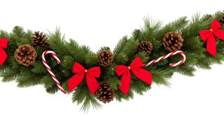 Christmas garland with red bows and candy canes isolated on transparent background