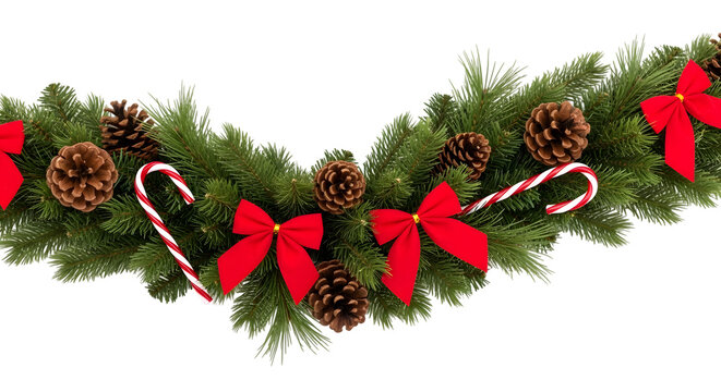 Christmas garland with red bows and candy canes isolated on transparent background