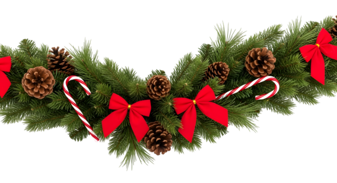 Christmas garland with red bows and candy canes isolated on transparent background