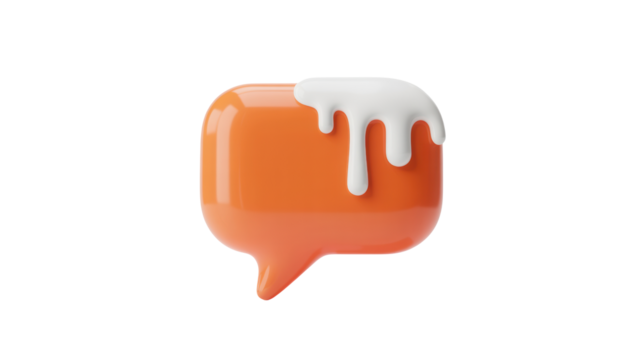 A vibrant orange speech bubble icon with white liquid dripping from the top representing communication or messages isolated on transparent background