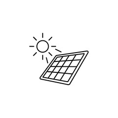Simple Black and White Solar Panel Icon with Sun Rays, Energy Concept.