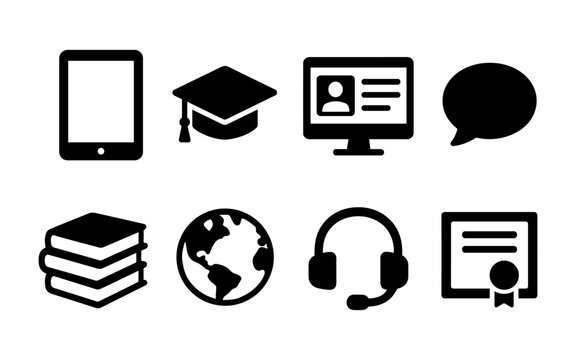 Education and communication icon set: silhouette symbols for digital learning and communication tools