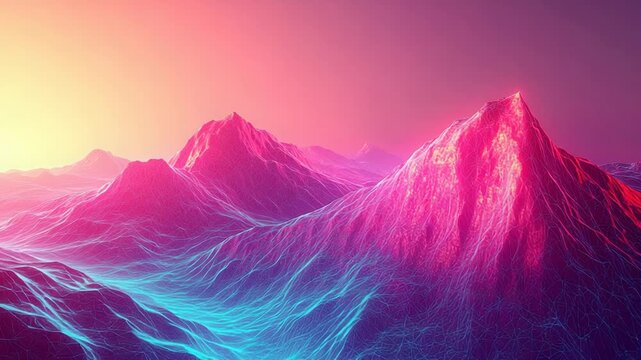 Futuristic neon mountain landscape with digital wireframe glow