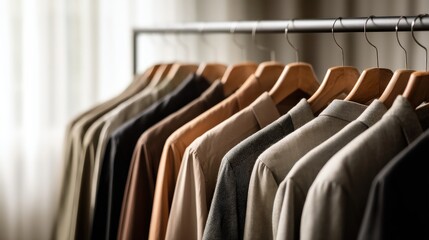 Obraz premium A display of neatly hung clothes on wooden hangers, showcasing a variety of colors and textures, illuminated by soft natural light.