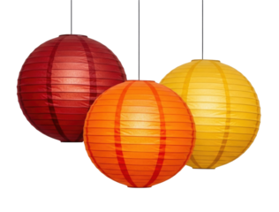 Three hanging paper lanterns red orange and yellow transparent background cutout png