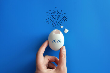 Fireworks bursting from an egg with the inscription 2026, symbolizing the upcoming new year 2026