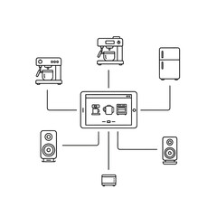 Simple Line Art Illustration of a Smart Home Tablet Controlling Appliances.