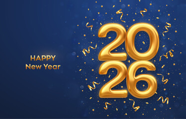 Happy New Year 2026. Golden 3D numbers 2026 on blue background. Realistic festive metallic luxury gold numbers. Happy New Year poster, party invitation. Merry Christmas card. Vector illustration.