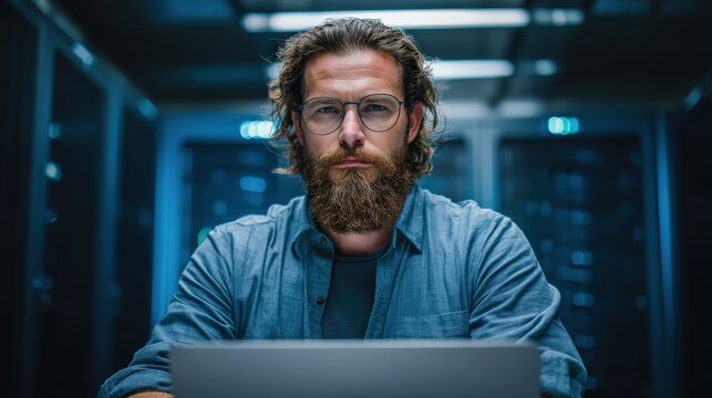 A focused man with glasses and a beard sits in front of a laptop in a high-tech environment, exuding concentration and expertise.