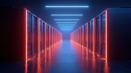 A futuristic data center corridor illuminated with blue and red lights, showcasing rows of servers and a sleek, modern design.
