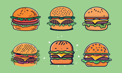 Cute Burger Clipart Set – Flat Cartoon Fast Food Illustrations