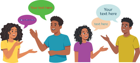 Two people talking cartoon illustration with speech bubbles, friendly communication concept showing conversation and dialogue on white background vector