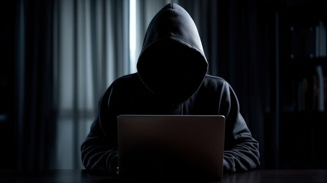 A shadowy figure in a hoodie sits in front of a laptop, illuminated by screen light, creating a mysterious and ominous atmosphere.