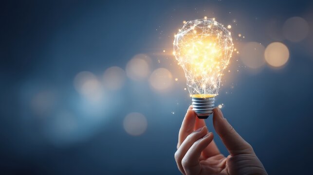 A glowing light bulb held in a hand symbolizes creativity and innovation, radiating a sense of inspiration and bright ideas against a blurred background.