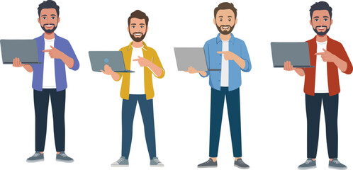 Smiling young man cartoon character holding and pointing at laptop, cheerful freelancer or office worker illustration isolated on white vector