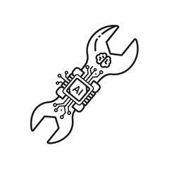 Stylized Wrench with Integrated AI Microchip and Brain Icon.