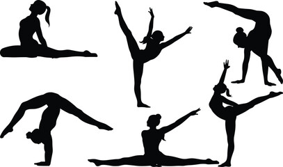 Black silhouettes of gymnasts performing various poses on white background gymnastics