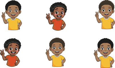 Happy smiling boy cartoon character showing peace hand sign, cheerful young kid illustration in yellow shirt isolated on white background vector