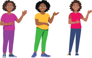 Smiling young man cartoon character pointing with hand gesture, cheerful person wearing yellow shirt and blue pants isolated vector illustration