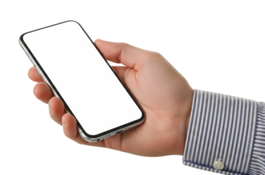 Hand holding a smartphone with a blank screen transparent background cutout png